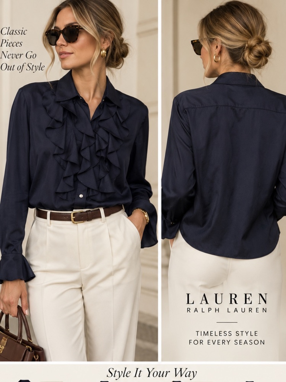 Lauren Ralph Lauren 100% Silk Ruffle Blouse Navy XL NWOT